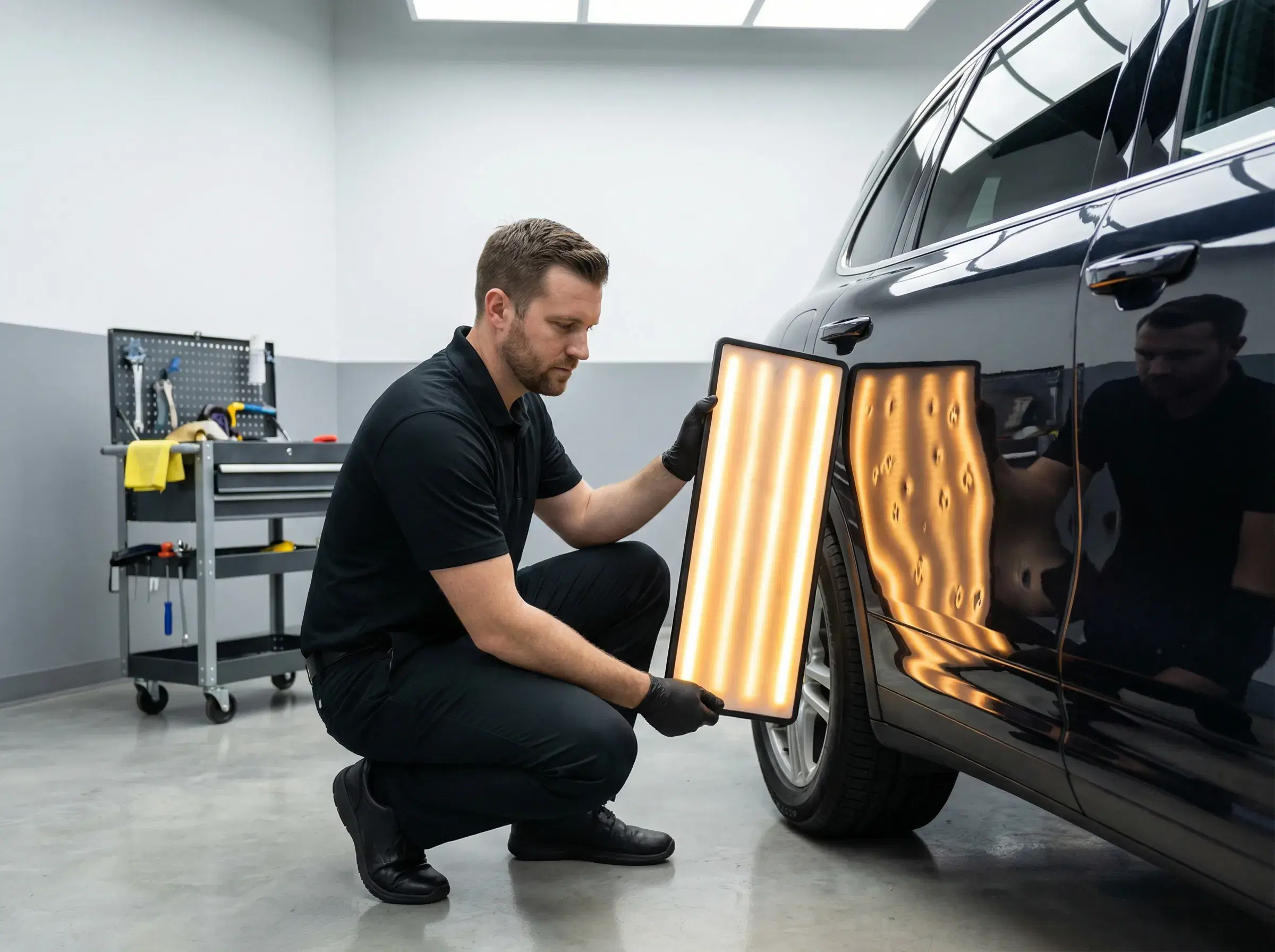 PDR technician inspecting hail damage with LED reflection board