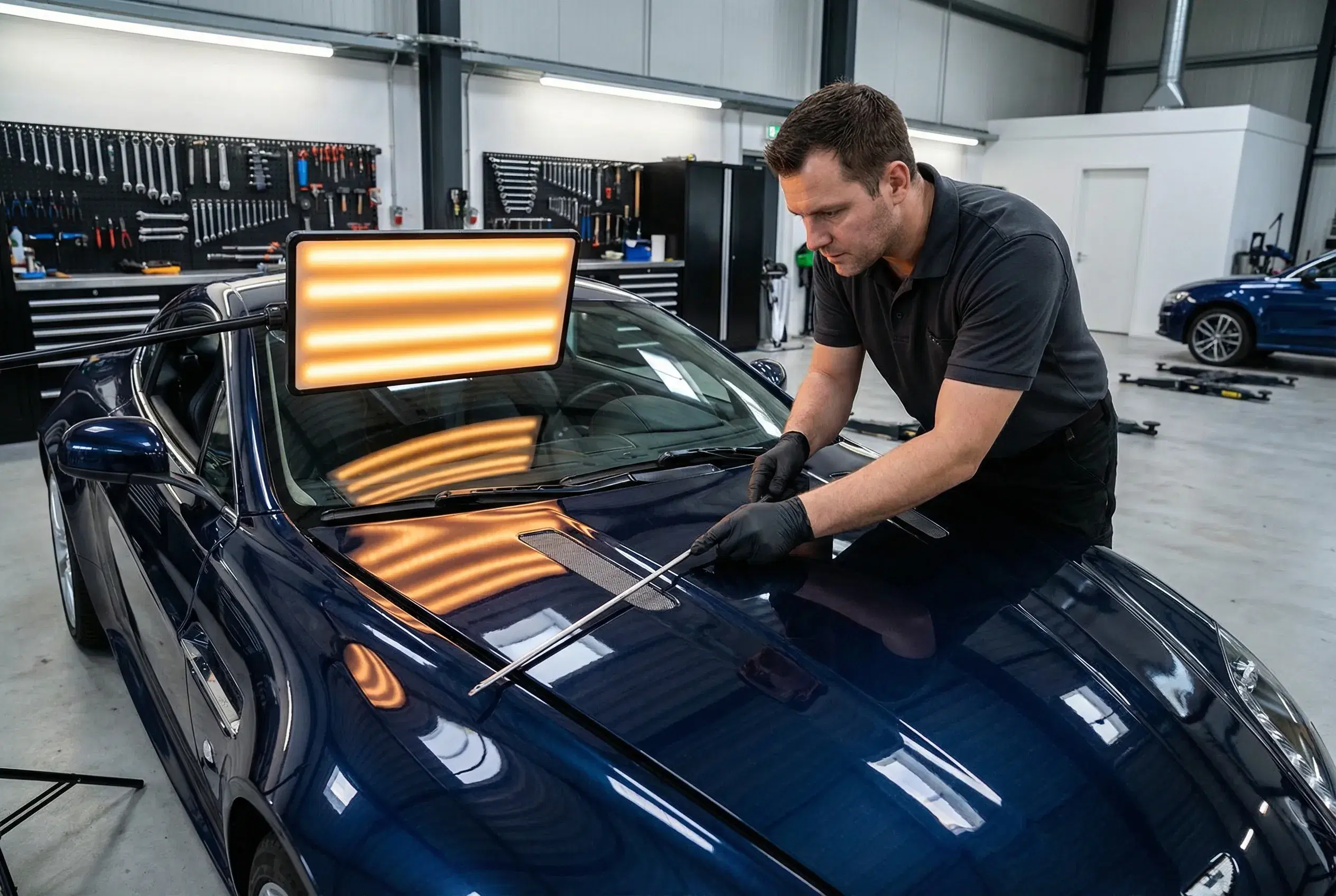PDR repair on blue sports car hood with LED board