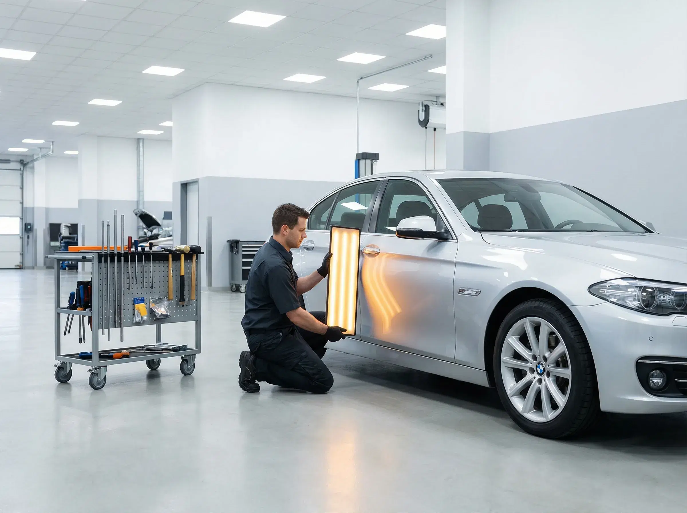 PDR technician assessing vehicle with LED reflection board