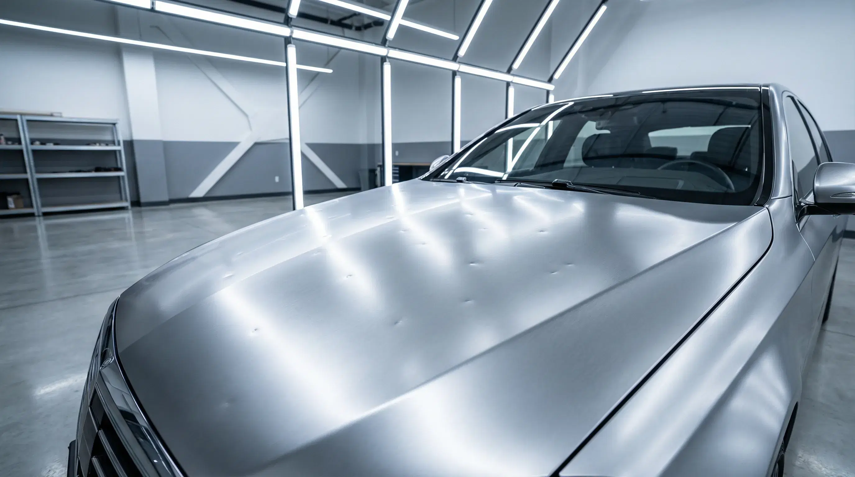 Vehicle hood showing hail dent damage under professional lighting