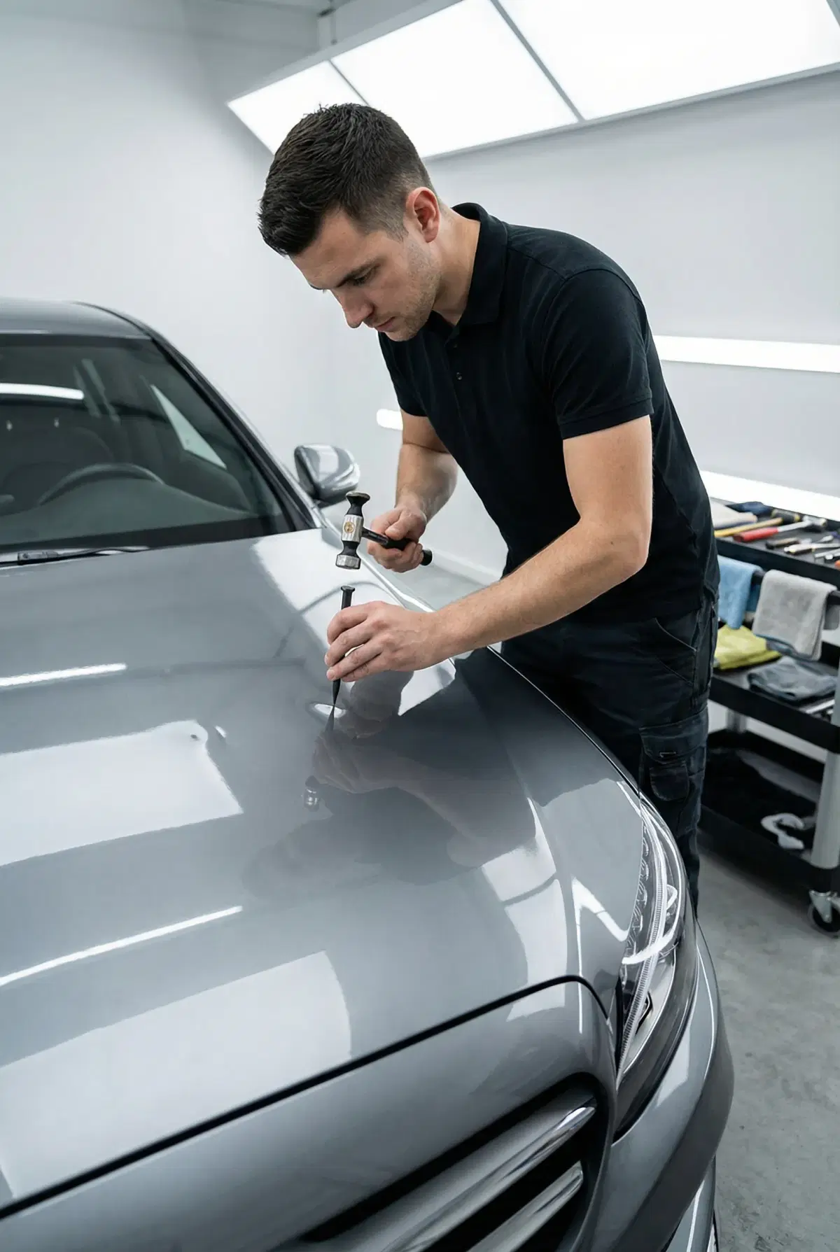 PDR technician performing precision hood repair with specialized tools
