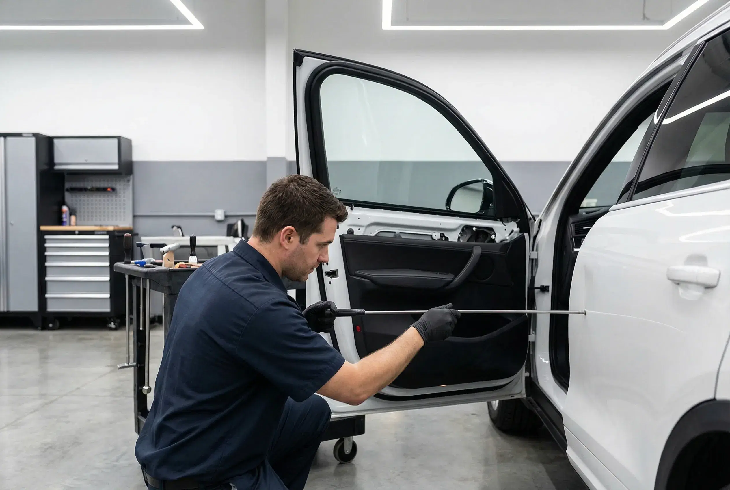 Technician repairing SUV door panel with PDR rod
