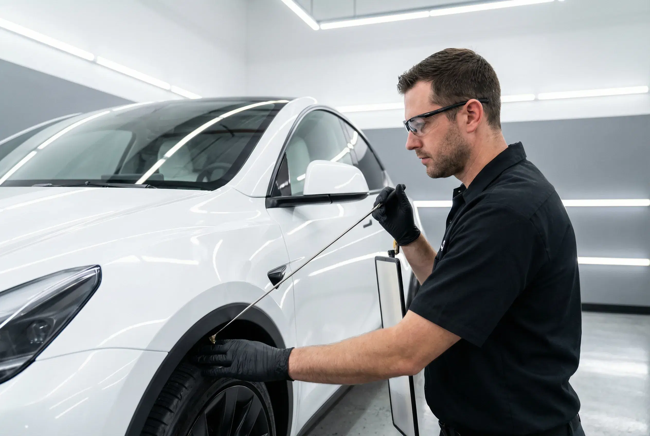 PDR technician working on Tesla fender panel